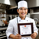 **

Prompt: Professional Thai chef holding a certificate, smiling confidently in a modern restaurant kitchen. Focus on credibility and career advancement. Background shows gleaming stainless steel appliances and blurred activity. Keywords: culinary certification, chef career, Thai cuisine, professional kitchen, success.

**