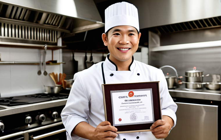 **

Prompt: Professional Thai chef holding a certificate, smiling confidently in a modern restaurant kitchen. Focus on credibility and career advancement. Background shows gleaming stainless steel appliances and blurred activity. Keywords: culinary certification, chef career, Thai cuisine, professional kitchen, success.

**