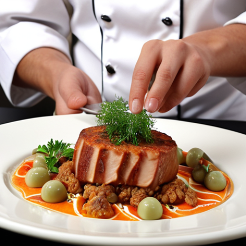 **A culinary student confidently presenting a beautifully plated Western dish.** (Focus: Confidence, professional presentation of Western cuisine).