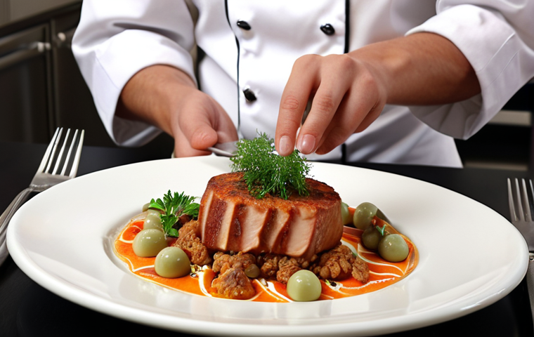 **A culinary student confidently presenting a beautifully plated Western dish.** (Focus: Confidence, professional presentation of Western cuisine).