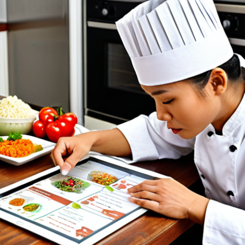 **

Prompt: "Chef planning weekly menu, using a tablet, bright kitchen, fresh ingredients, list of recipes, focused expression, time management concept, Thai food theme."

**