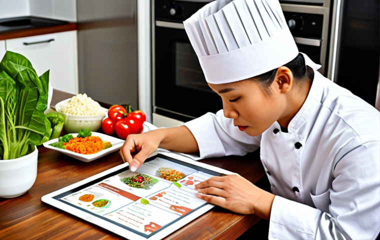 **

Prompt: "Chef planning weekly menu, using a tablet, bright kitchen, fresh ingredients, list of recipes, focused expression, time management concept, Thai food theme."

**