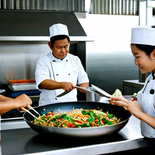 **

"A bright, modern Thai cooking school kitchen. A friendly, fully clothed Thai chef in a clean uniform is demonstrating how to properly use a wok. Fresh ingredients are arranged neatly on a stainless steel countertop. The scene is well-lit and inviting. safe for work, appropriate content, fully clothed, family-friendly, professional photography, perfect anatomy, correct proportions, natural pose, well-formed hands, proper finger count, natural body proportions, high quality."

**