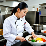Korean Cuisine**

"A professional Thai chef in a clean, modern restaurant kitchen, fully clothed in a chef's uniform, preparing a vibrant Bibimbap. The dish is colorful with fresh vegetables and Gochujang sauce. Safe for work, appropriate content, family-friendly, perfect anatomy, natural proportions, high-quality food photography."

**