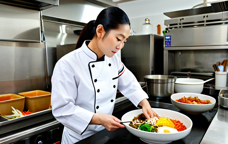 Korean Cuisine**

"A professional Thai chef in a clean, modern restaurant kitchen, fully clothed in a chef's uniform, preparing a vibrant Bibimbap. The dish is colorful with fresh vegetables and Gochujang sauce. Safe for work, appropriate content, family-friendly, perfect anatomy, natural proportions, high-quality food photography."

**