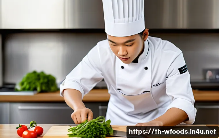 양식조리 자격증 시험 일정 2025 - A professional Thai culinary student in a modern kitchen classroom, wearing a clean white chef’s uni...