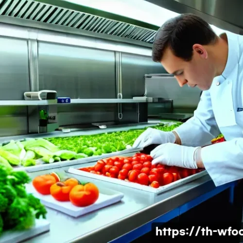 양식조리 실습에서 자주 하는 실수 - A professional kitchen laboratory scene focused on meticulous ingredient inspection: a chef wearing ...