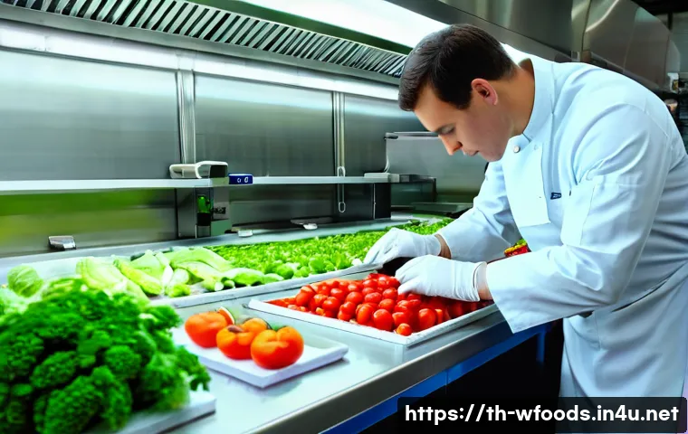 양식조리 실습에서 자주 하는 실수 - A professional kitchen laboratory scene focused on meticulous ingredient inspection: a chef wearing ...