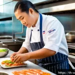양식조리사로서의 직업 안정성 분석 - A professional Thai seafood chef preparing fresh seafood dishes in a modern beachside restaurant kit...