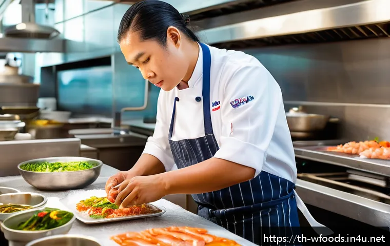 양식조리사로서의 직업 안정성 분석 - A professional Thai seafood chef preparing fresh seafood dishes in a modern beachside restaurant kit...